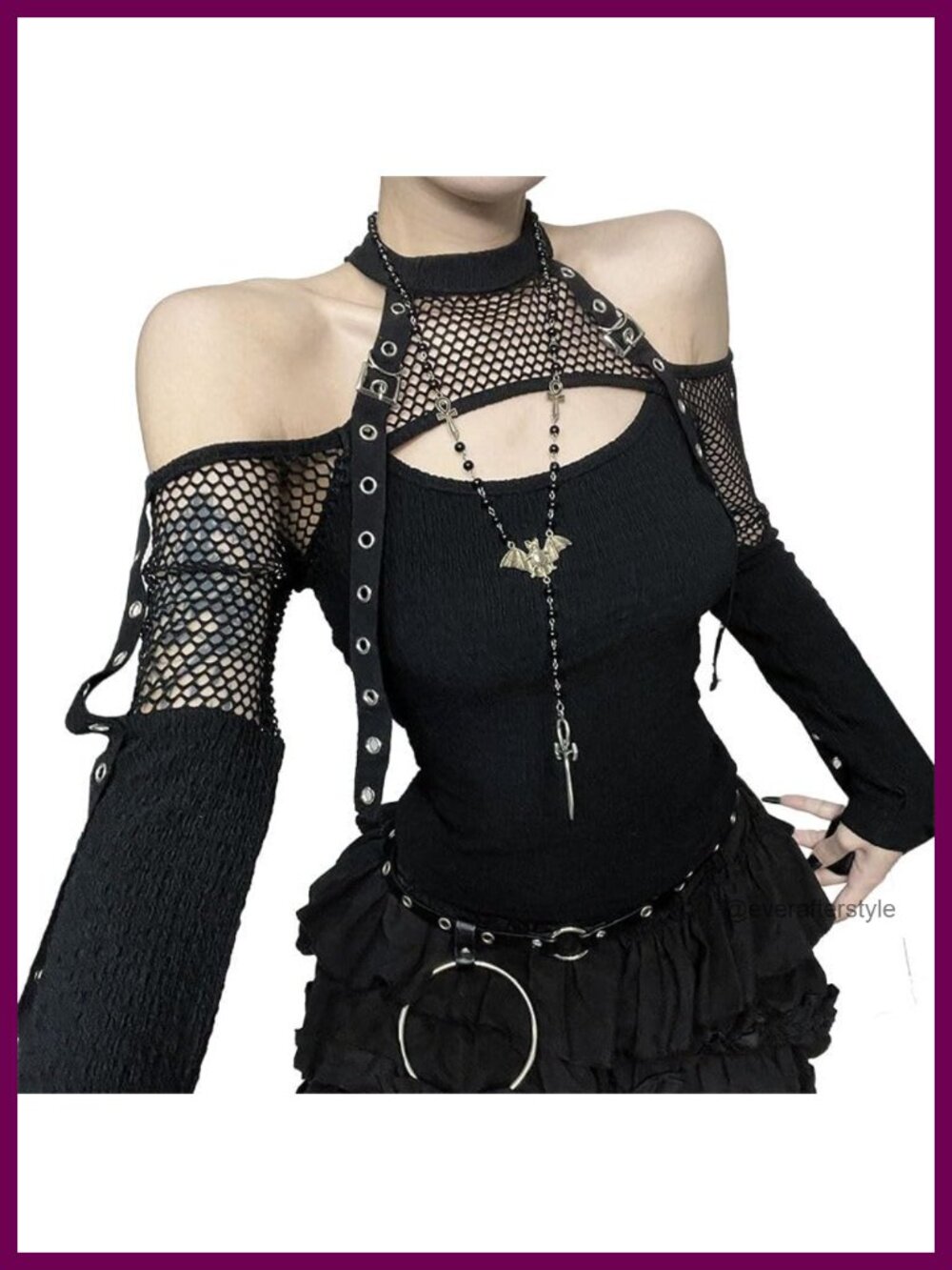Women's Gothic Crop Top Mesh Long Sleeve Halter Shirt Punk Grunge Y2K